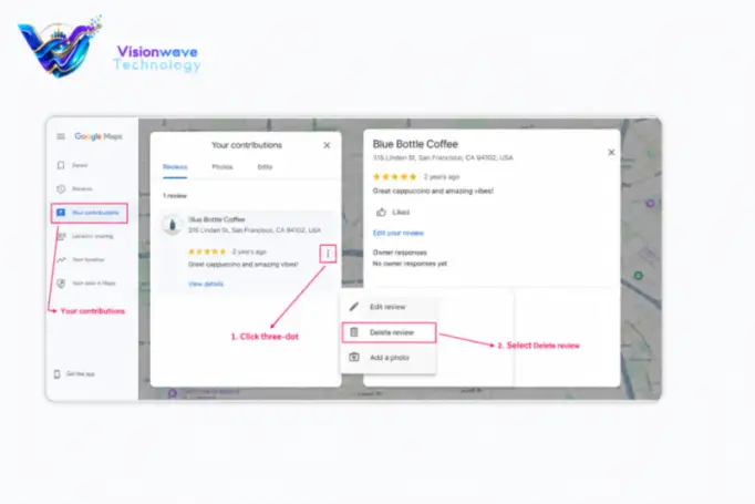 annotated Google Maps screenshot of the delete menu