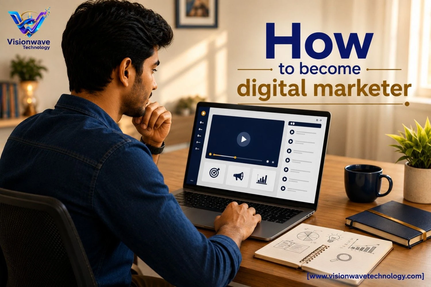 Beginner learning digital marketing on a laptop with a certification course open