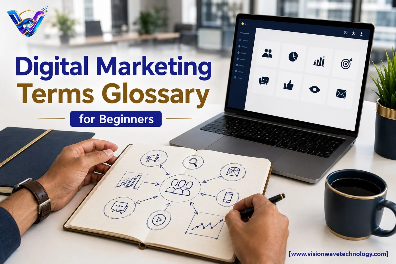 Digital marketing terms glossary with icons for ROAS, CPA, SEO and social media